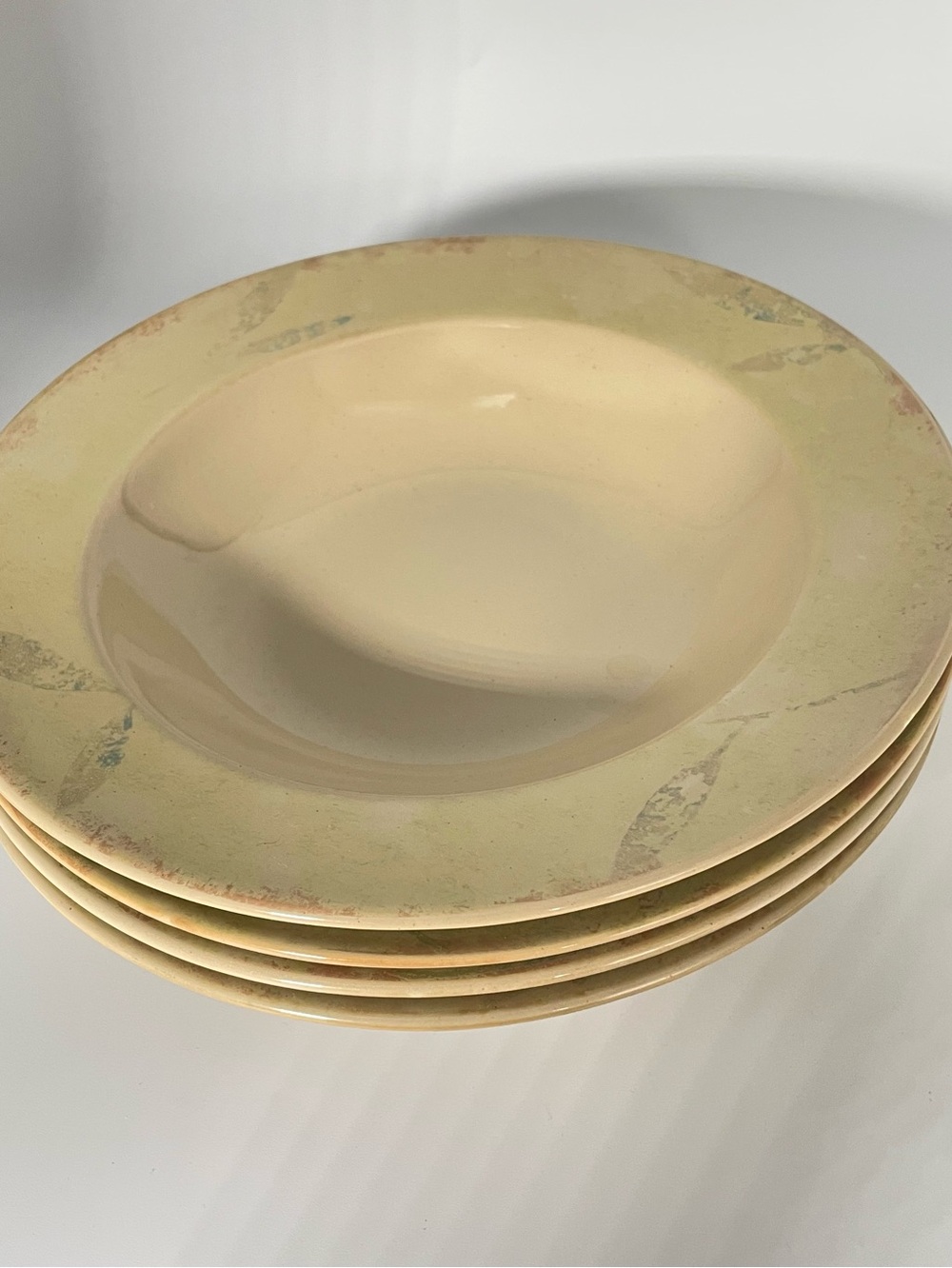 Pier 1 Antiqued Stoneware 9.25” Rim Soup Pasta Bowls Leaf Border Beige Set  of 4